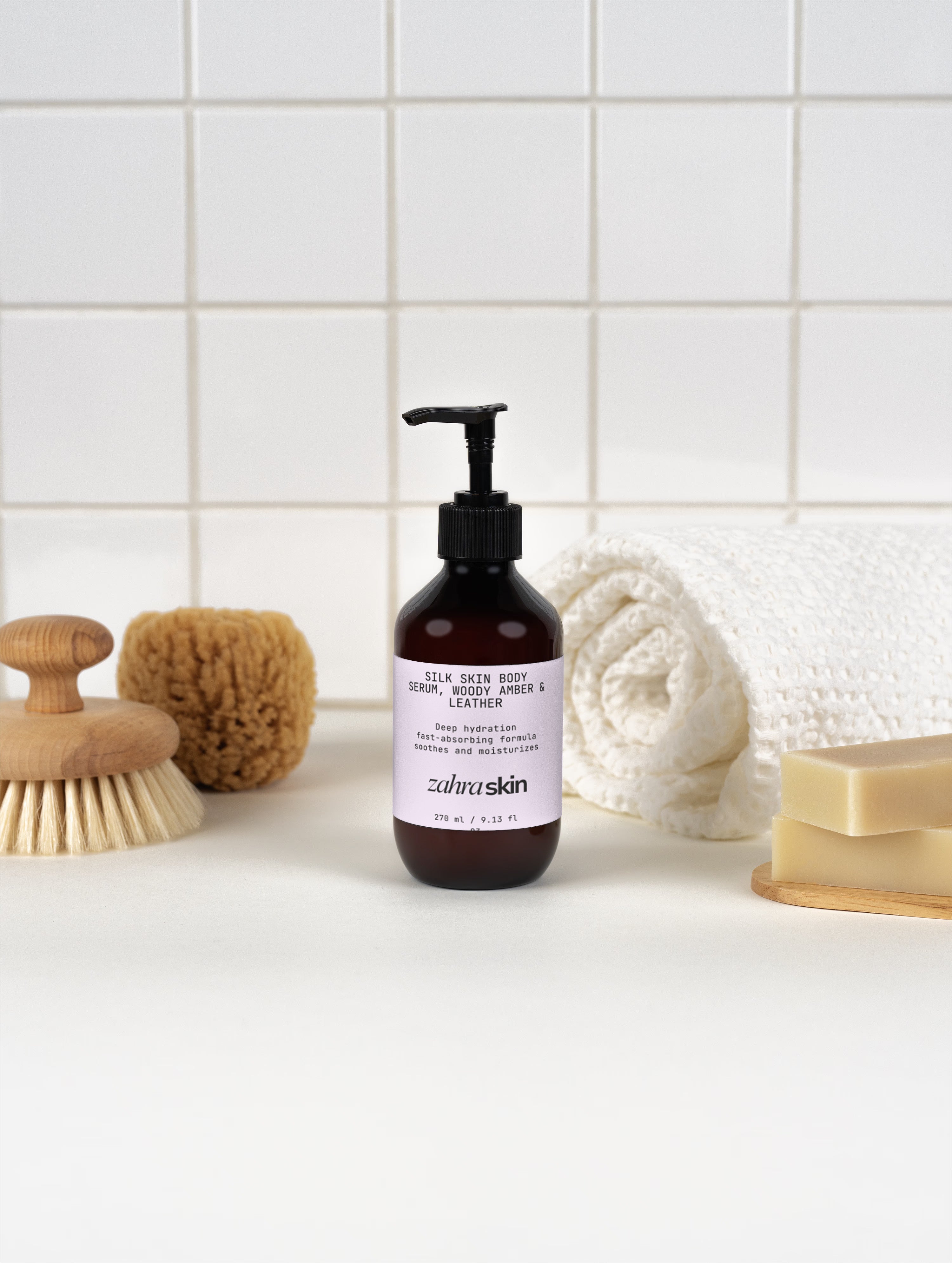 Zahra Skin | Silk Skin Body Serum, Woody Amber & Leather